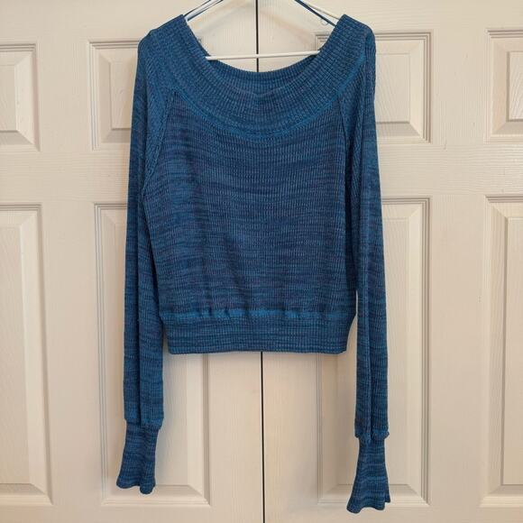 Free People On/Off The Shoulder Knit Blue Marbled Sweater Size XL Feminine Boho - Picture 4 of 6